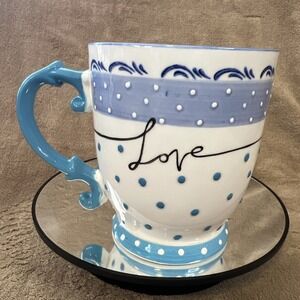 BELLE‎ MAISON Love Blue Flowers Dots Mug Cup Ceramic Hand Painted 16oz. Artisan